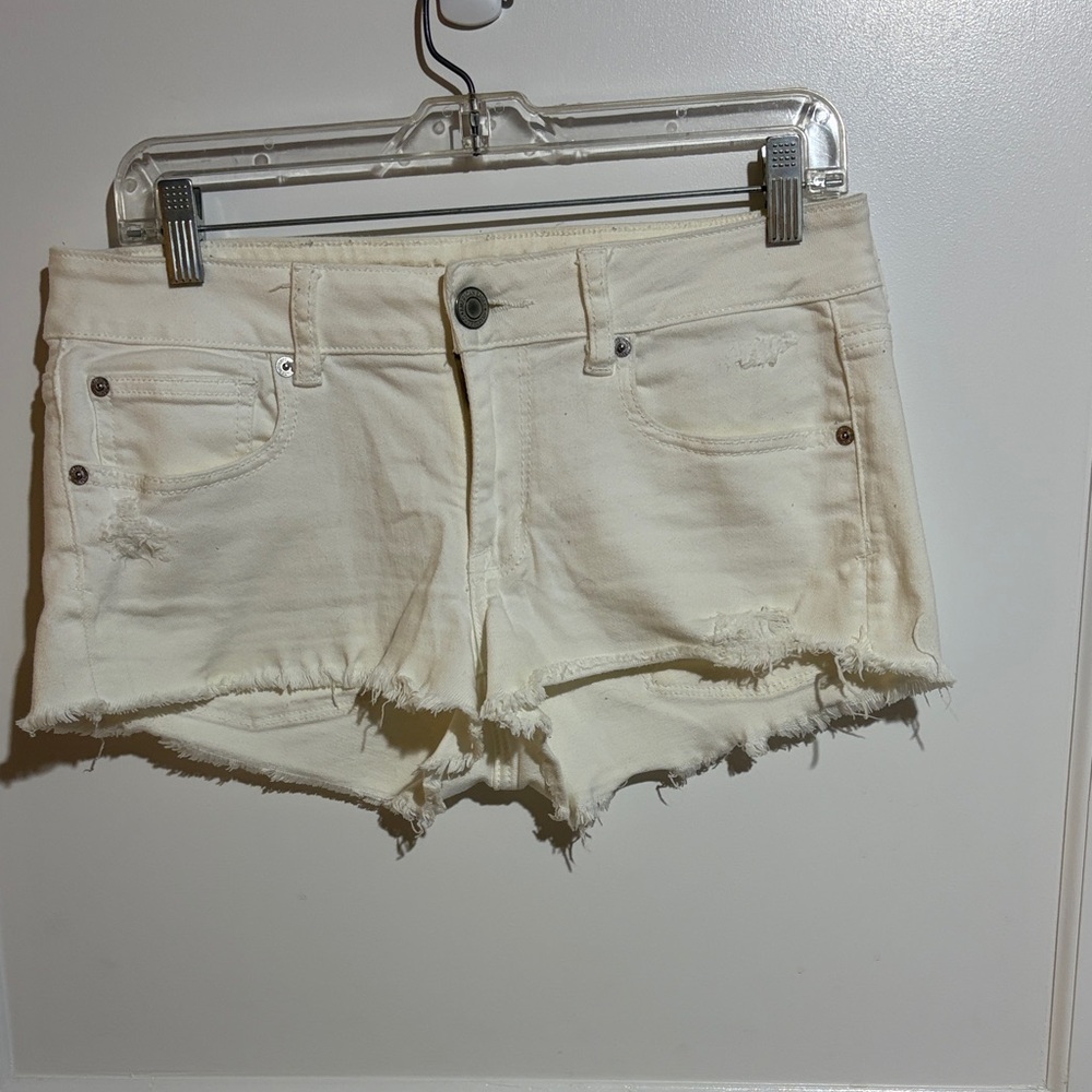 American Eagle Outfitters Cream Frayed Hem Denim Shorts
